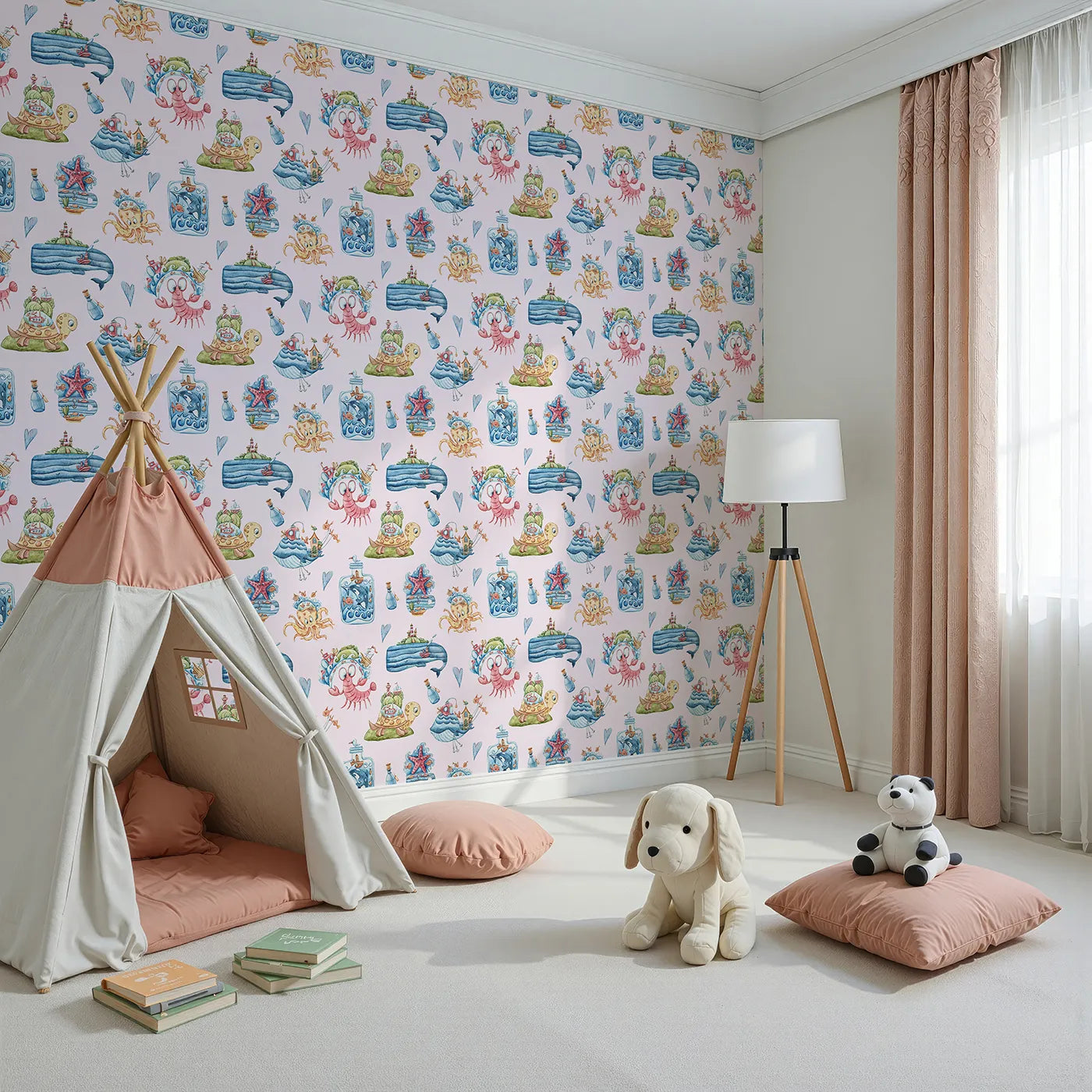 Angled view of Whimsy Tots' Seaside Story Friends in Blush Pink (W3350B).Gentle seas and joyful creatures invite giggles and wonder.