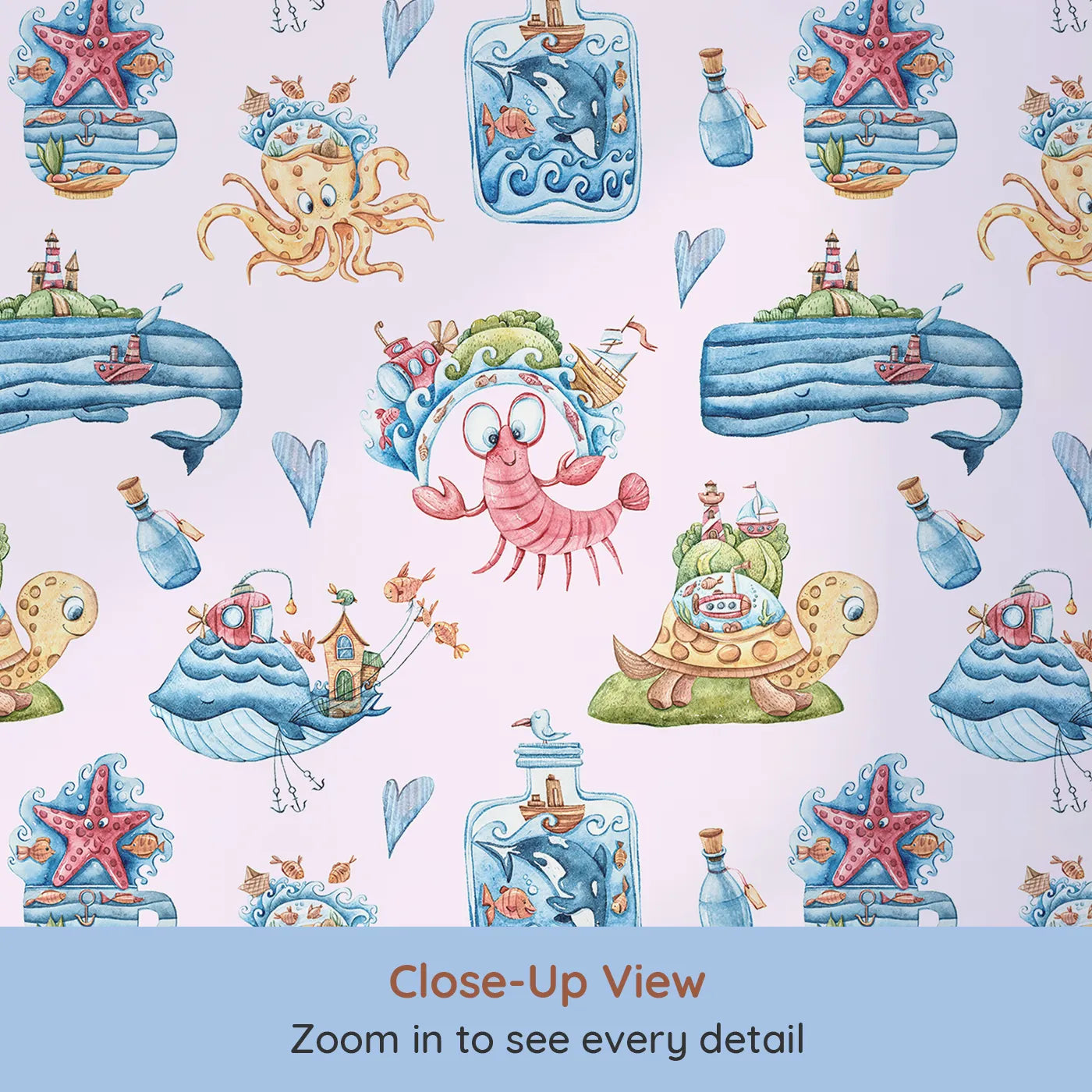 Close-up view of Whimsy Tots' Seaside Story Friends in Blush Pink (W3350B).Gentle seas and joyful creatures invite giggles and wonder.