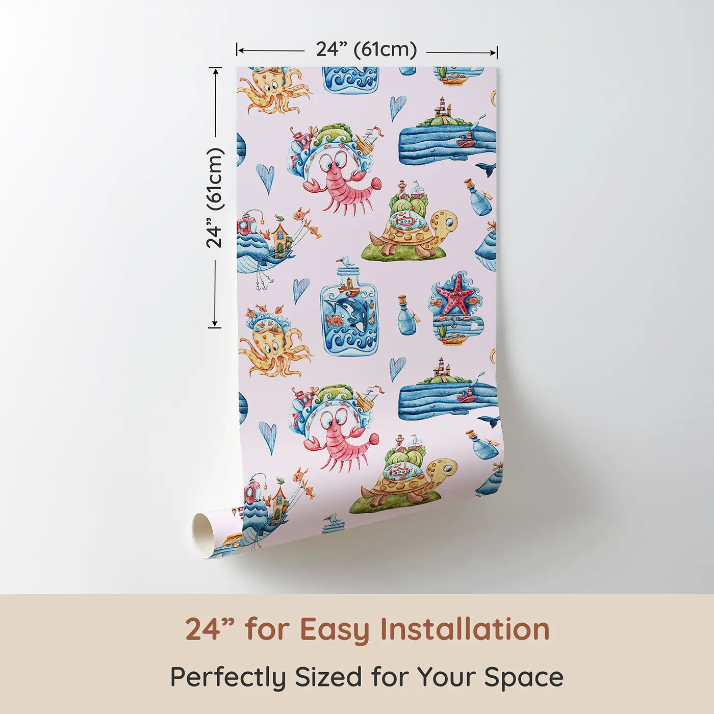 Dimension view of Whimsy Tots Seaside Story Friends in Blush Pink (W3350B). Printed in 24-inch-wide panel for easy installation. Gentle seas and joyful creatures invite giggles and wonder.