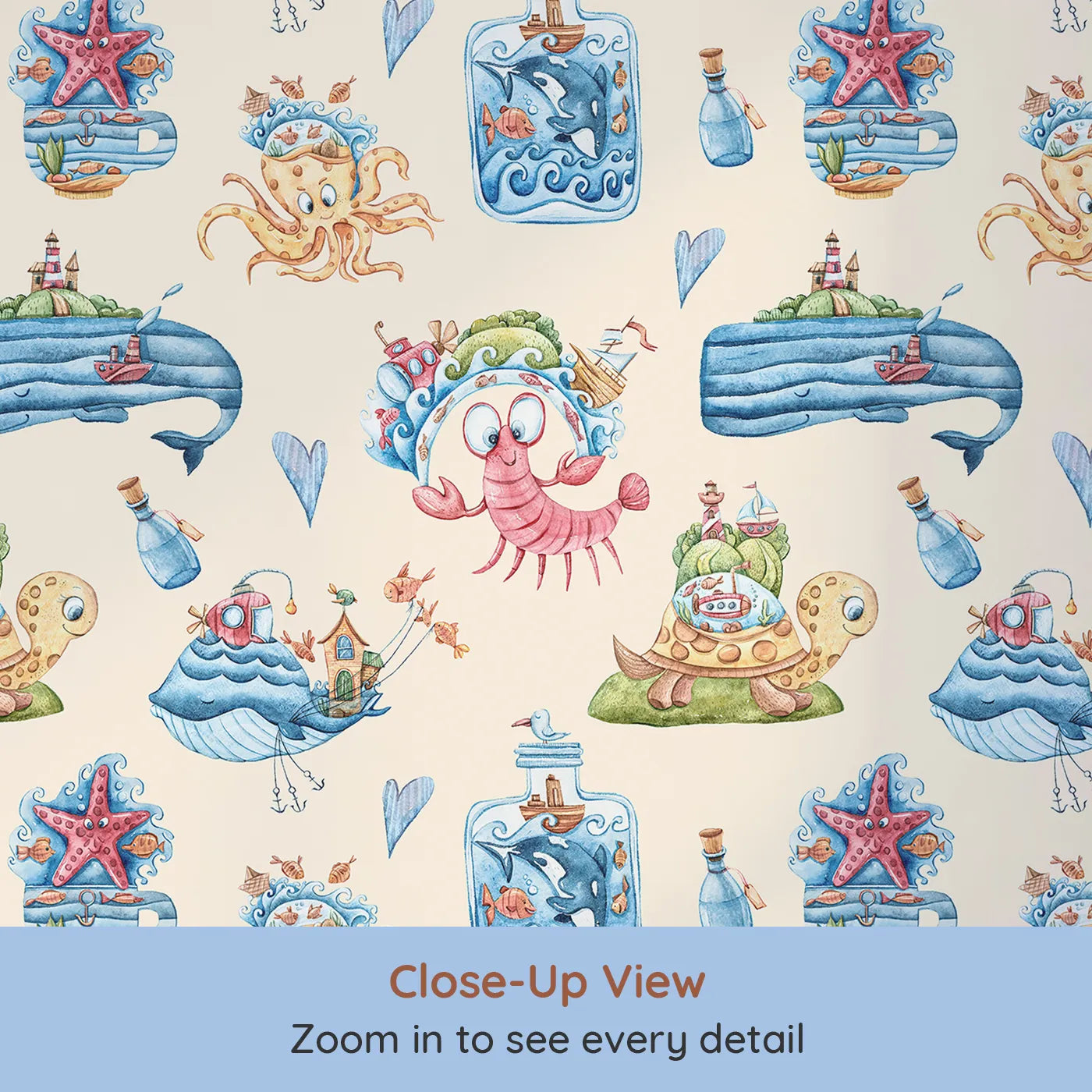 Close-up view of Whimsy Tots' Seaside Story Friends in Sand (W3350C).Smiling creatures and bottle ships sail across soft golden waves.
