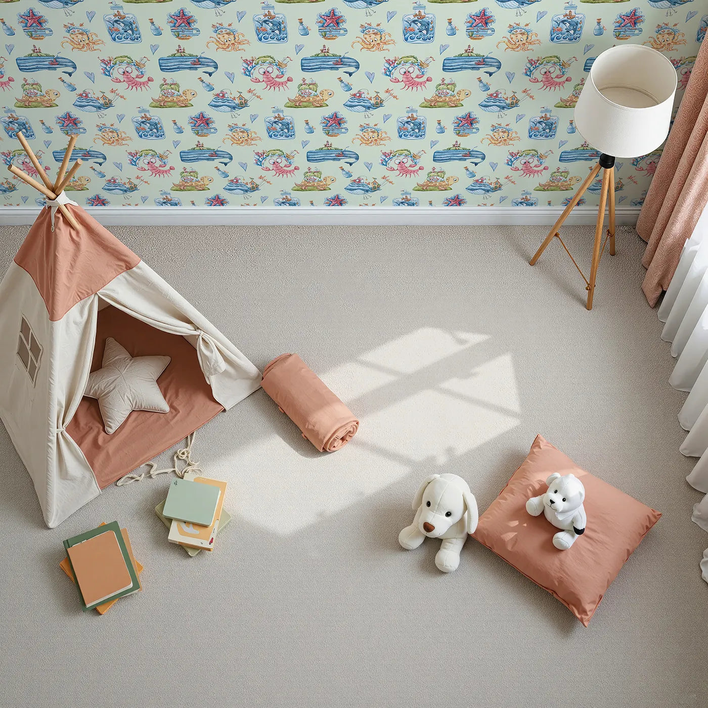 Top-Down view of Whimsy Tots' Seaside Story Friends in Mint Green (W3350D).Playful sea creatures float gently across soft minty skies.