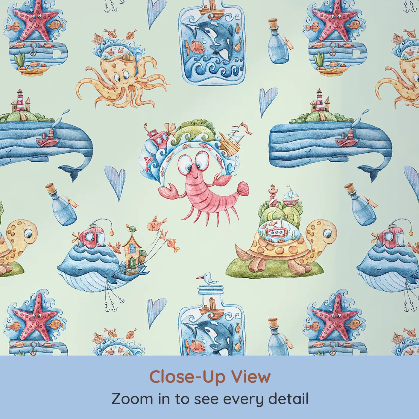 Close-up view of Whimsy Tots' Seaside Story Friends in Mint Green (W3350D).Playful sea creatures float gently across soft minty skies.