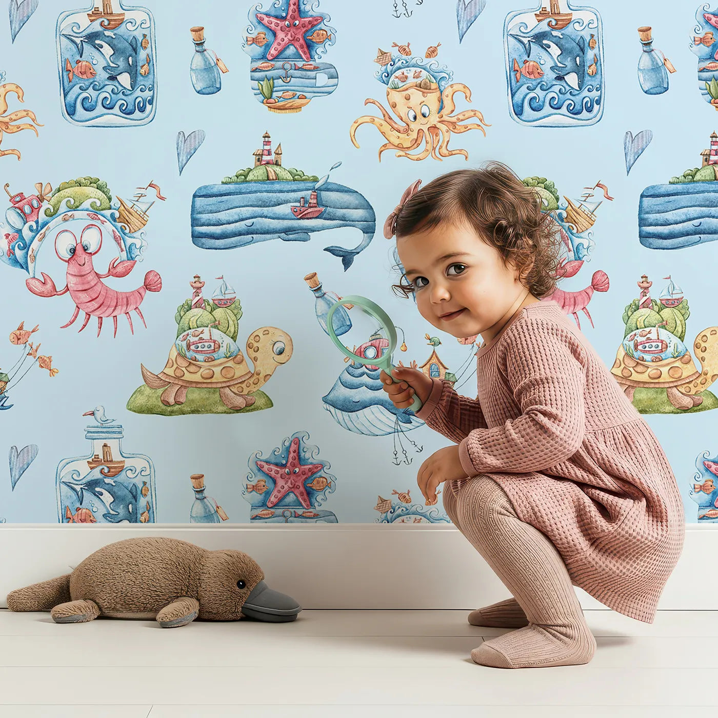 Lovely child standing in front of Whimsy Tots Seaside Story Friends in Blue with octopus, turtle, whale, dolphin, fish, bottle, island, house, boat in design.