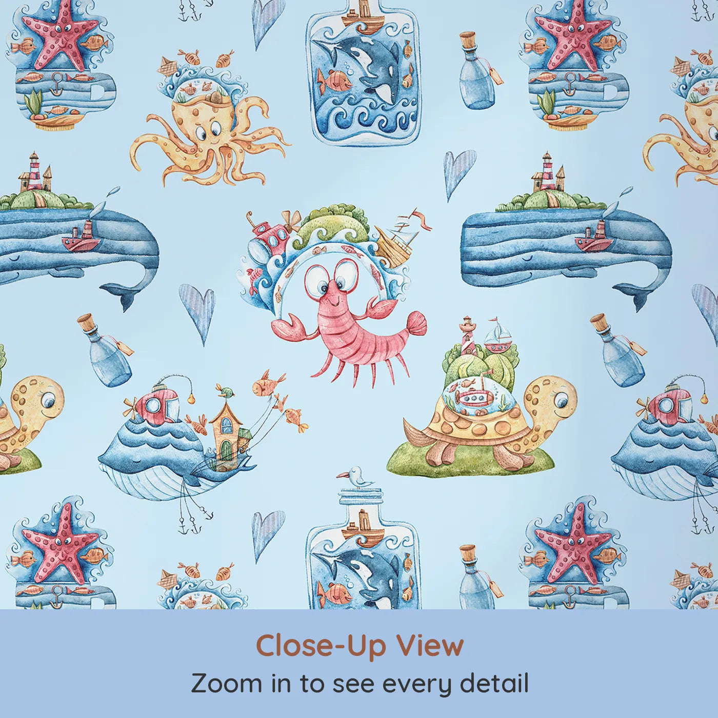 Close-up view of Whimsy Tots' Seaside Story Friends in Blue (W3350E).Smiling shrimp and floating whales splash across sky-blue seas.