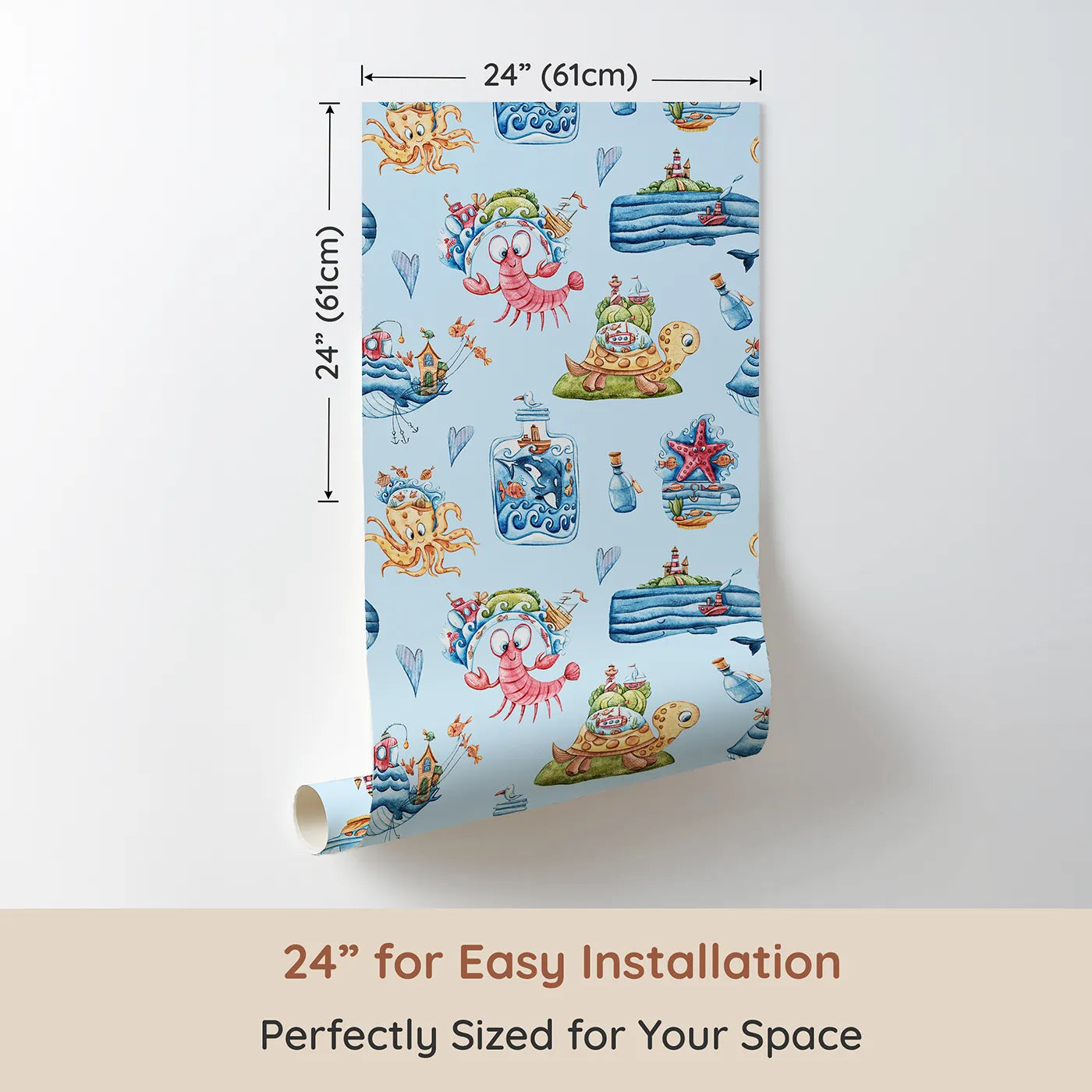 Dimension view of Whimsy Tots Seaside Story Friends in Blue (W3350E). Printed in 24-inch-wide panel for easy installation. Smiling shrimp and floating whales splash across sky-blue seas.