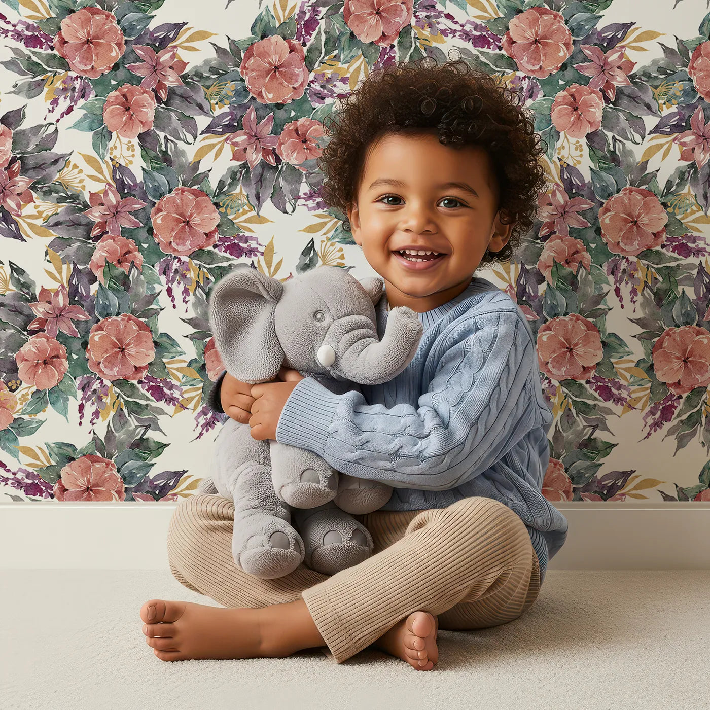Lovely child standing in front of Whimsy Tots Autumn Bloom Cascade in White with flower, petal, leaf, vine in design.