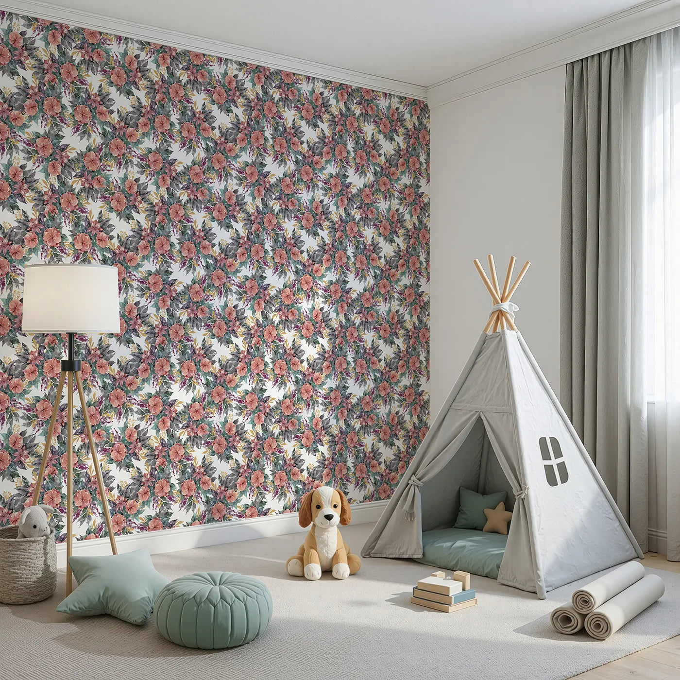 Angled view of Whimsy Tots' Autumn Bloom Cascade in White (W3351A).Bold blossoms and falling leaves create a cozy floral retreat.