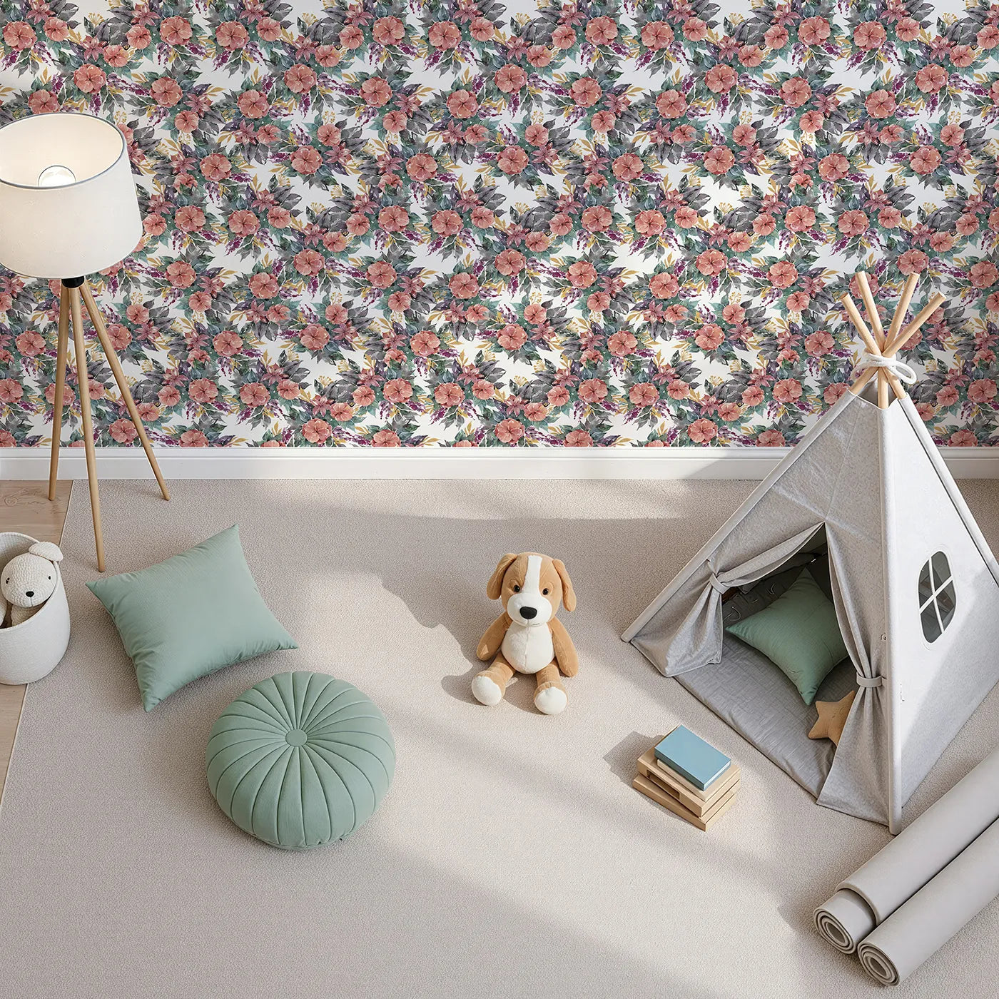 Top-Down view of Whimsy Tots' Autumn Bloom Cascade in White (W3351A).Bold blossoms and falling leaves create a cozy floral retreat.