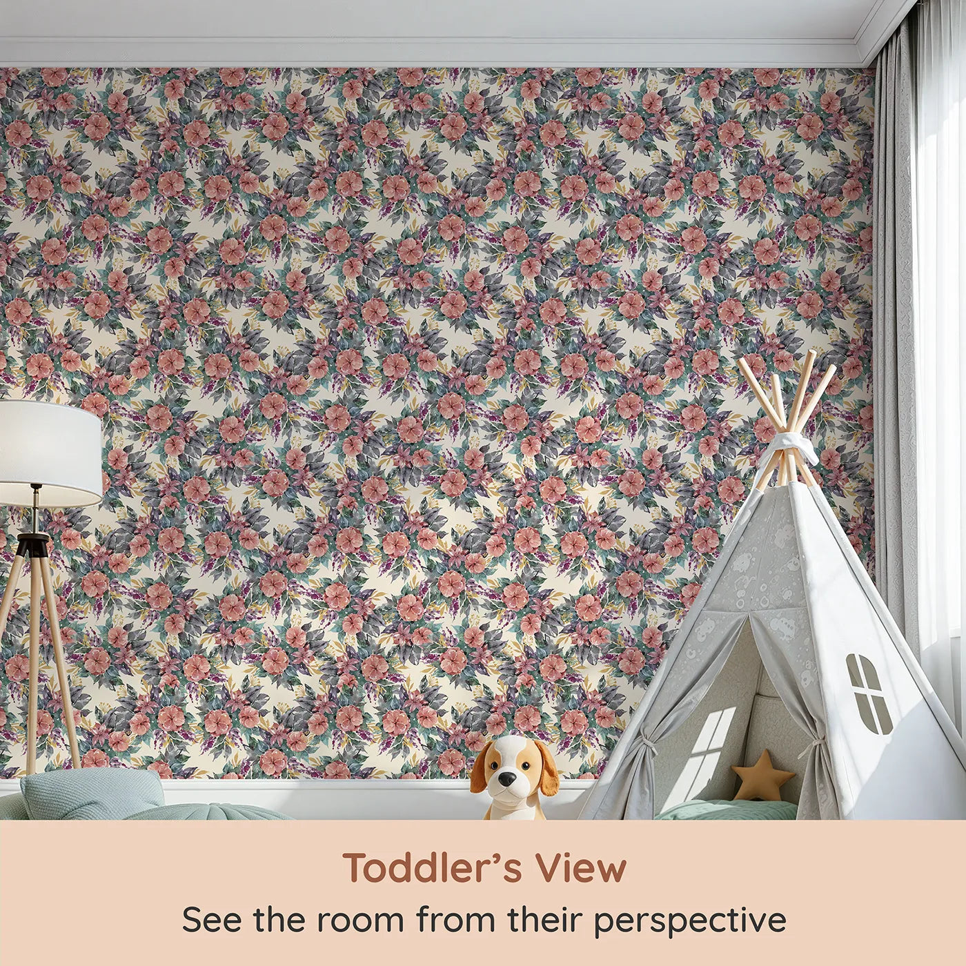 Whimsy Tots Autumn Bloom Cascade in Sand (W3351C) from your child's view.Rich watercolor florals rest on a warm sand-toned background.