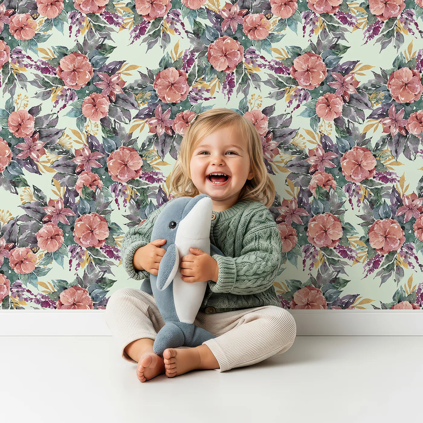 Lovely child standing in front of Whimsy Tots Autumn Bloom Cascade in Mint Green with flower, petal, leaf, vine in design.