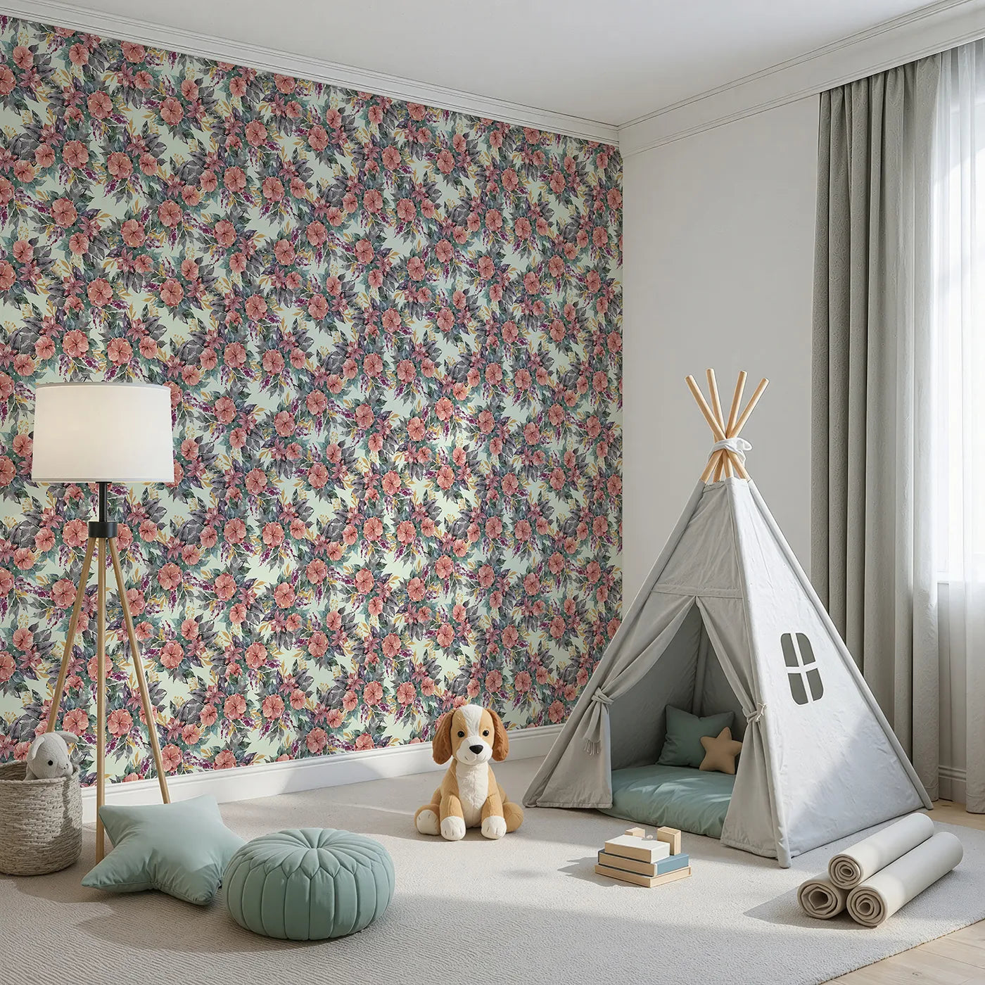 Angled view of Whimsy Tots' Autumn Bloom Cascade in Mint Green (W3351D).Bold blooms and soft leaves flourish on a gentle mint backdrop.