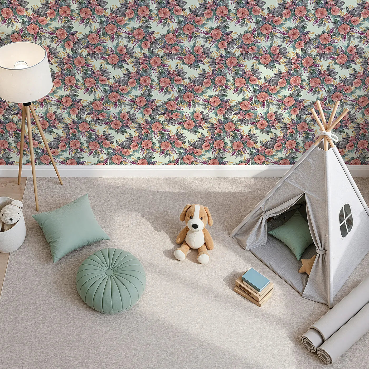 Top-Down view of Whimsy Tots' Autumn Bloom Cascade in Mint Green (W3351D).Bold blooms and soft leaves flourish on a gentle mint backdrop.