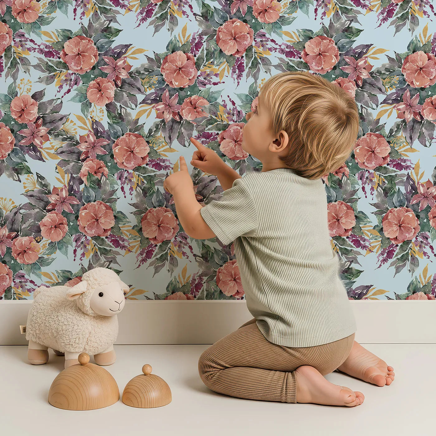 Lovely child standing in front of Whimsy Tots Autumn Bloom Cascade in Blue with flower, petal, leaf, vine in design.