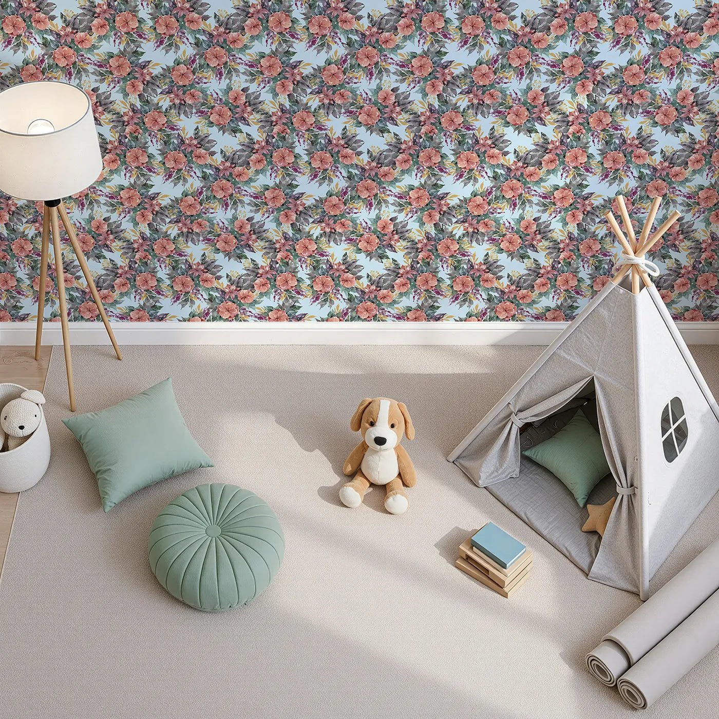 Top-Down view of Whimsy Tots' Autumn Bloom Cascade in Blue (W3351E).Watercolor florals bloom softly against a fresh blue sky.