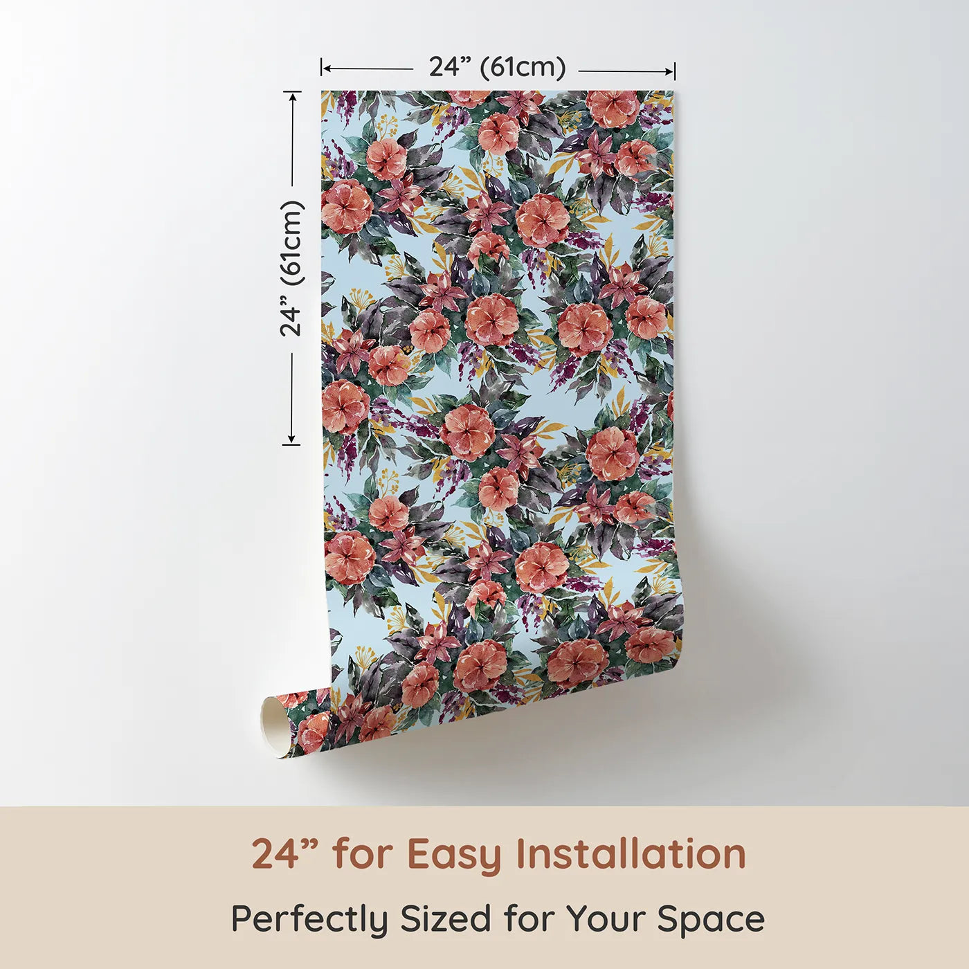 Dimension view of Whimsy Tots Autumn Bloom Cascade in Blue (W3351E). Printed in 24-inch-wide panel for easy installation. Watercolor florals bloom softly against a fresh blue sky.