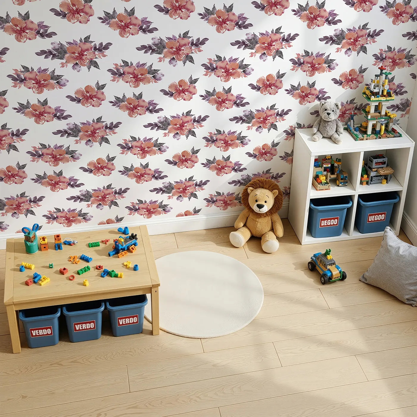 Top-Down view of Whimsy Tots' Berry Blush Blooms in White (W3352A).Soft watercolor blossoms dance gently on a white canvas.