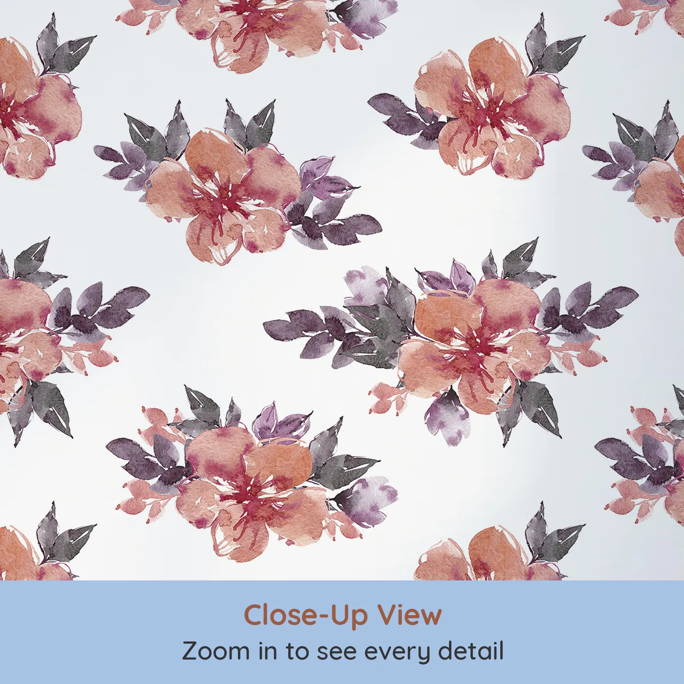 Close-up view of Whimsy Tots' Berry Blush Blooms in White (W3352A).Soft watercolor blossoms dance gently on a white canvas.