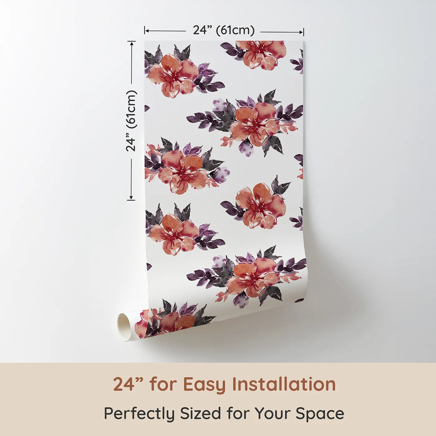 Dimension view of Whimsy Tots Berry Blush Blooms in White (W3352A). Printed in 24-inch-wide panel for easy installation. Soft watercolor blossoms dance gently on a white canvas.