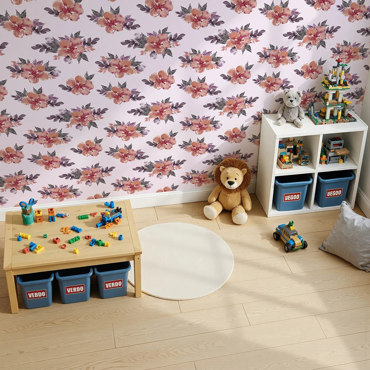 Top-Down view of Whimsy Tots' Berry Blush Blooms in Blush Pink (W3352B).Loose blossoms bloom across soft pink skies.