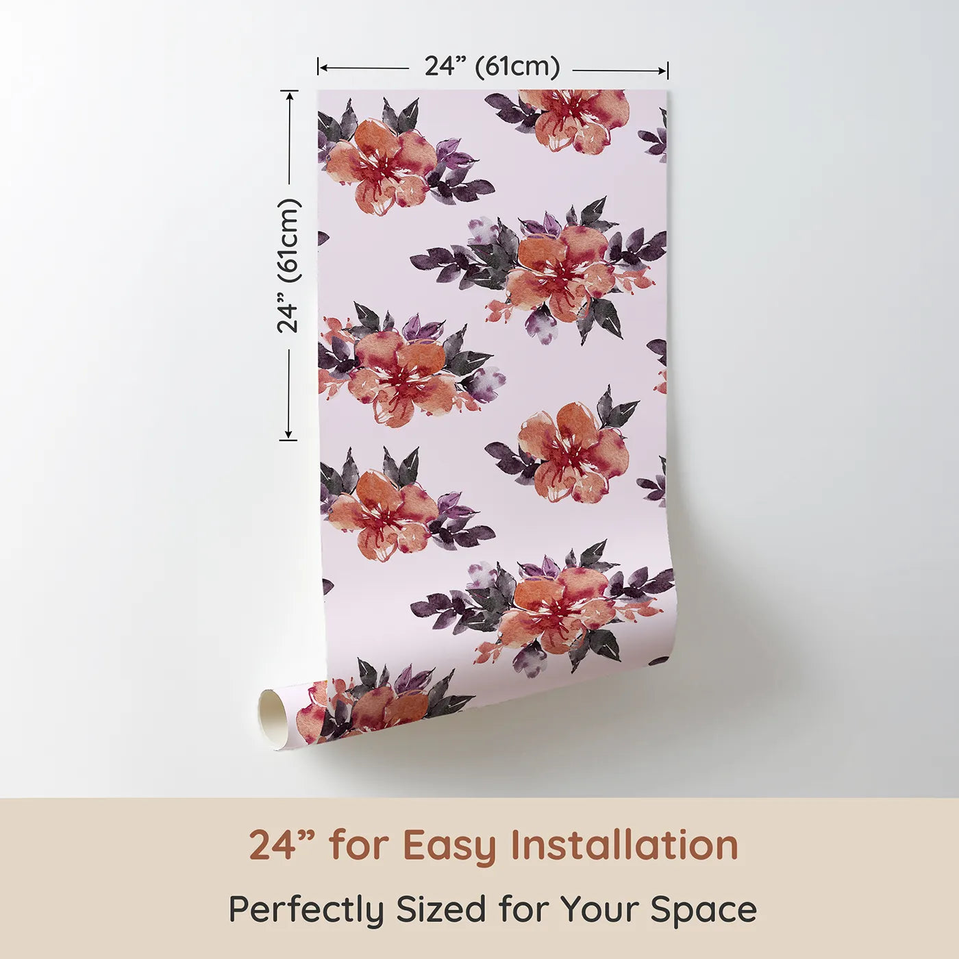 Dimension view of Whimsy Tots Berry Blush Blooms in Blush Pink (W3352B). Printed in 24-inch-wide panel for easy installation. Loose blossoms bloom across soft pink skies.