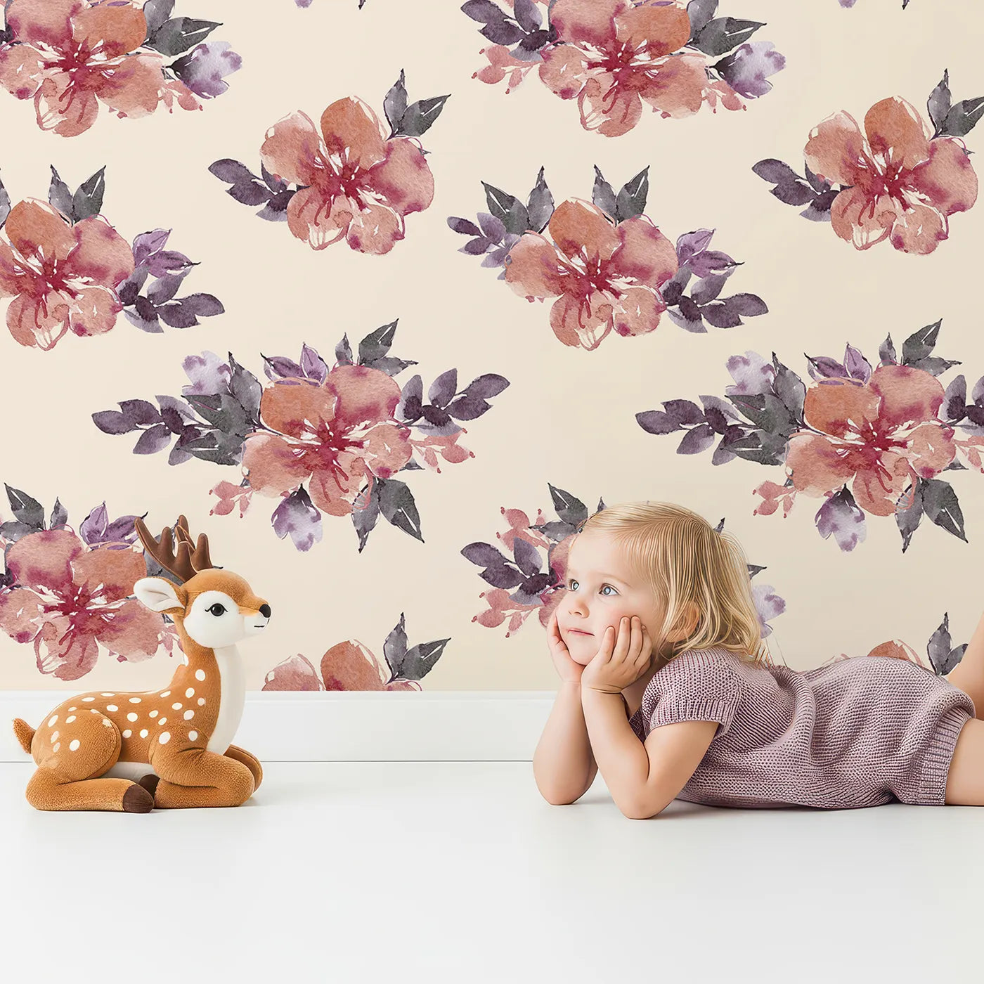 Lovely child standing in front of Whimsy Tots Berry Blush Blooms in Sand with flower, petal, leaf, sprig in design.