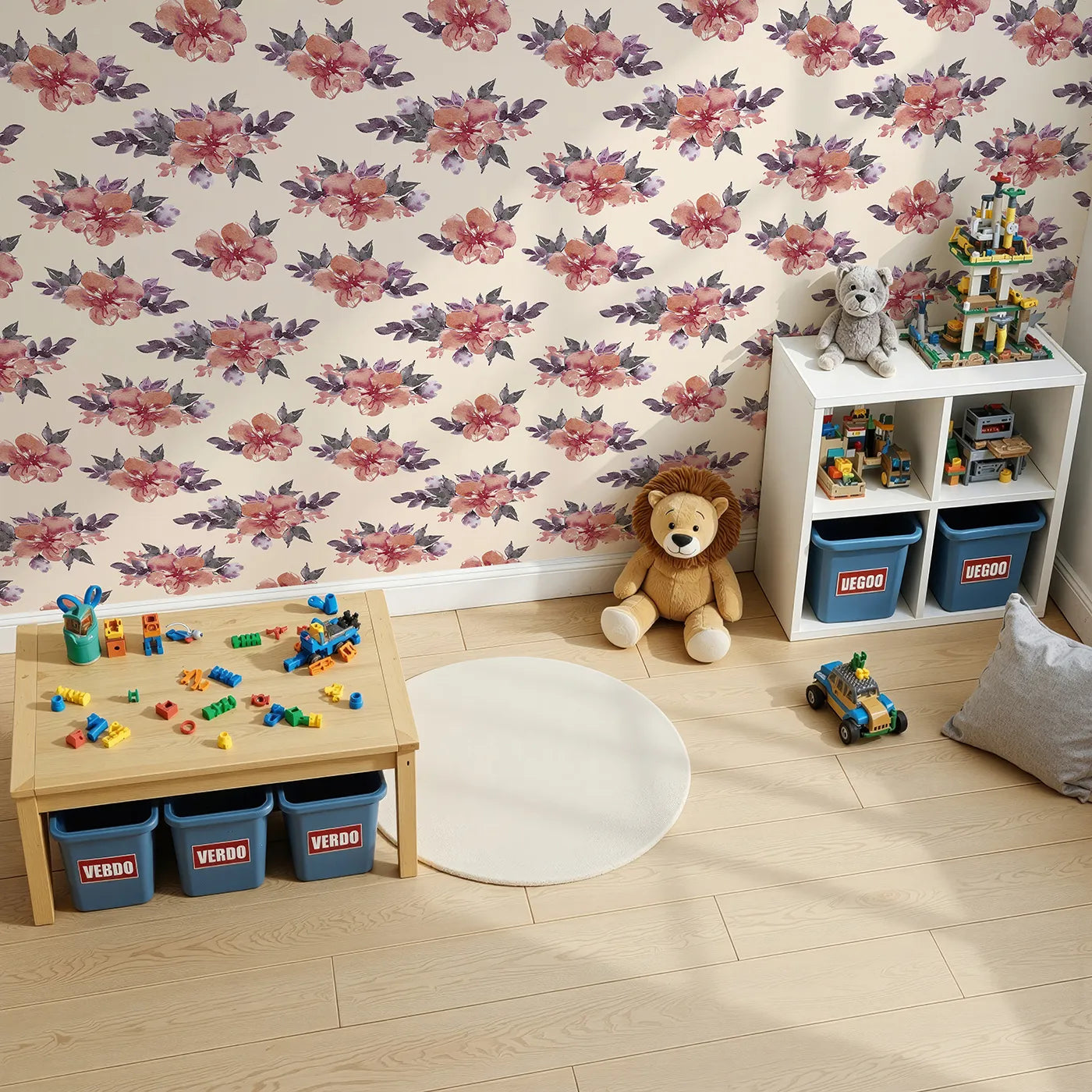 Top-Down view of Whimsy Tots' Berry Blush Blooms in Sand (W3352C).Delicate watercolor blossoms bloom softly on warm sand tones.