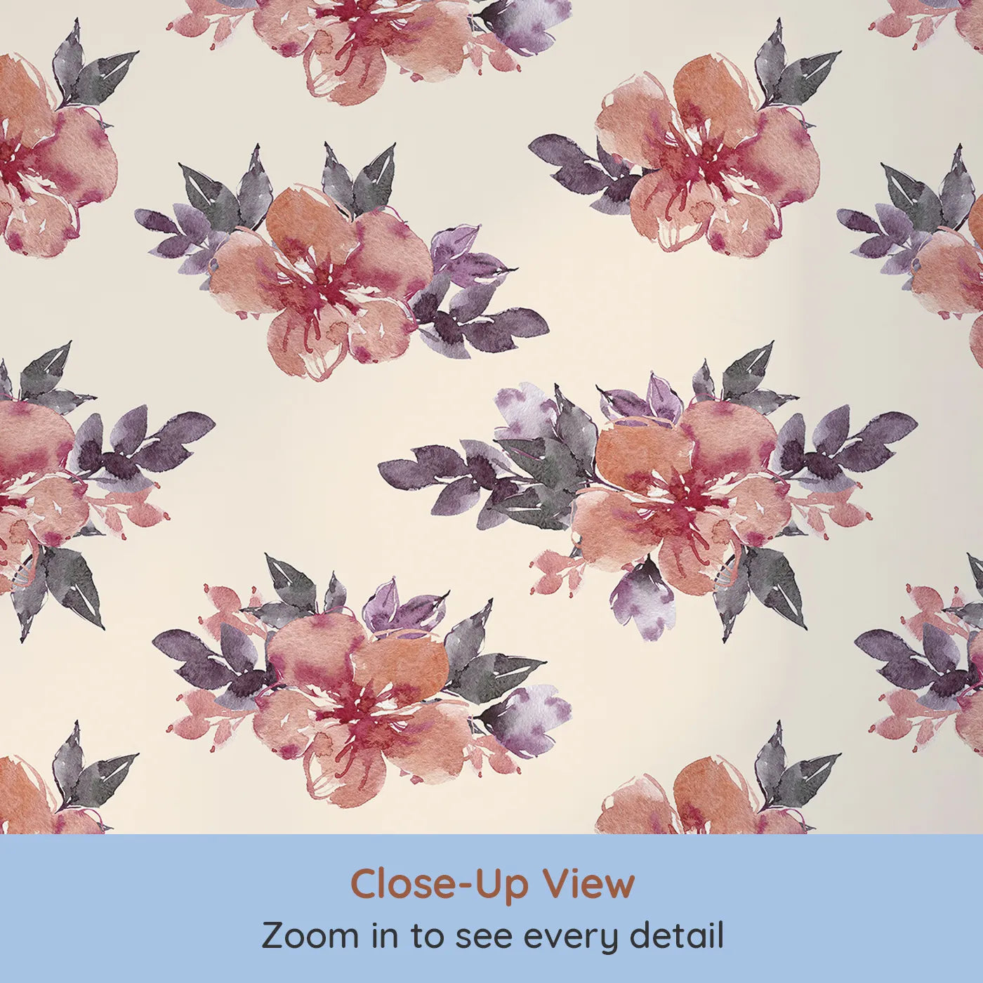 Close-up view of Whimsy Tots' Berry Blush Blooms in Sand (W3352C).Delicate watercolor blossoms bloom softly on warm sand tones.