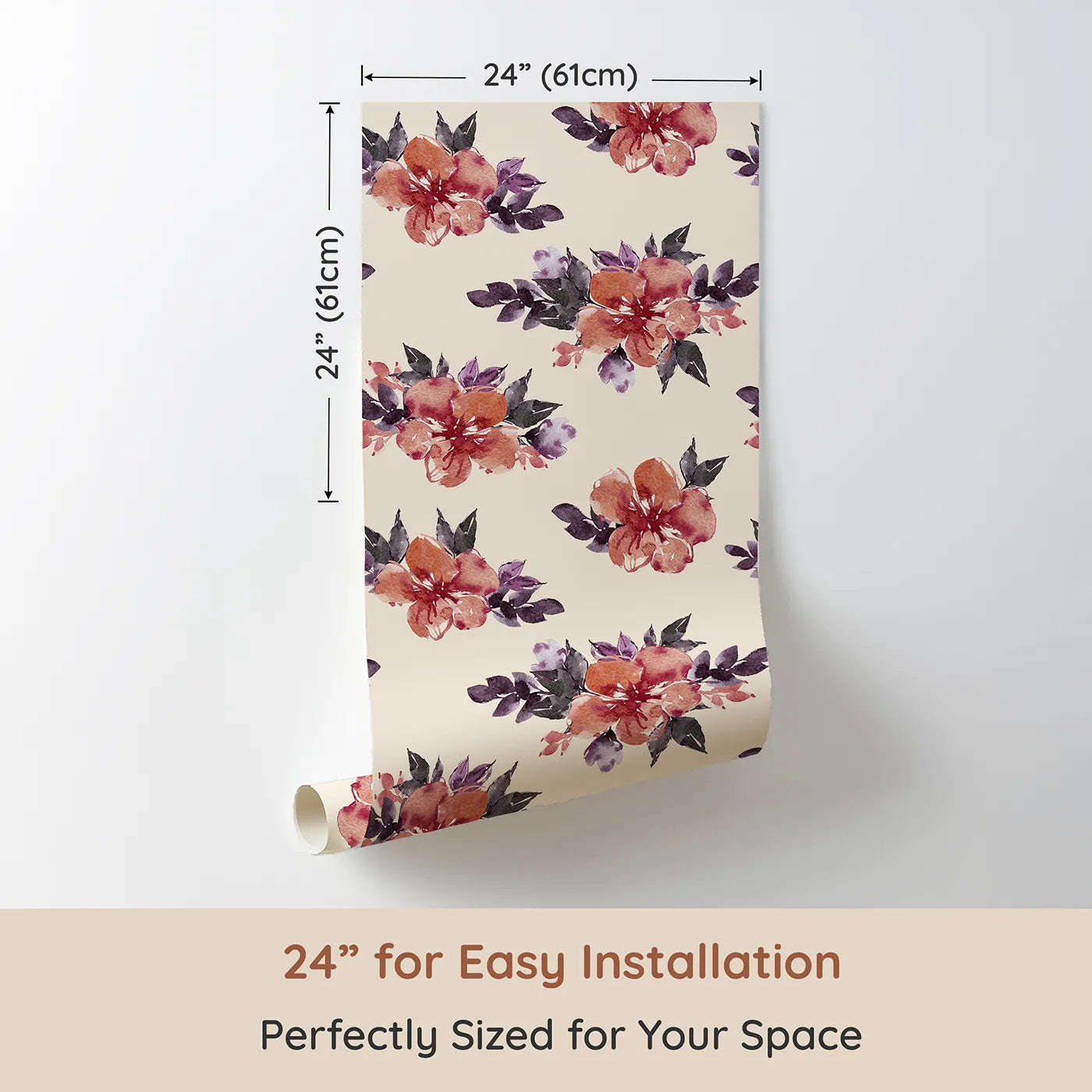 Dimension view of Whimsy Tots Berry Blush Blooms in Sand (W3352C). Printed in 24-inch-wide panel for easy installation. Delicate watercolor blossoms bloom softly on warm sand tones.