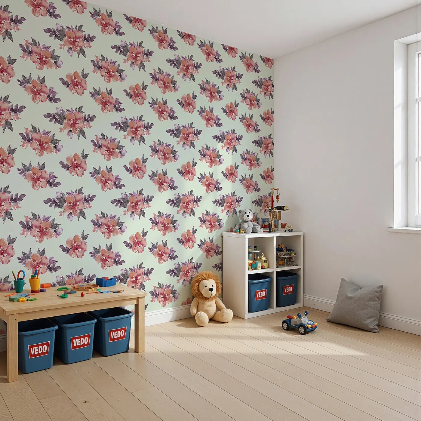 Angled view of Whimsy Tots' Berry Blush Blooms in Mint Green (W3352D).Berry blossoms bloom sweetly on soft mint skies.