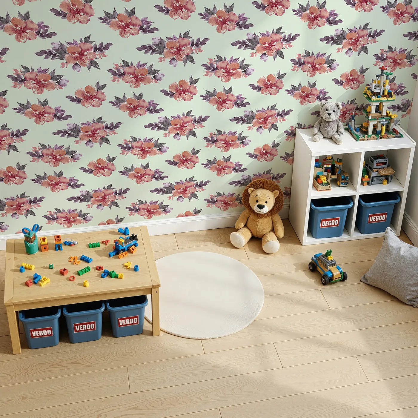 Top-Down view of Whimsy Tots' Berry Blush Blooms in Mint Green (W3352D).Berry blossoms bloom sweetly on soft mint skies.