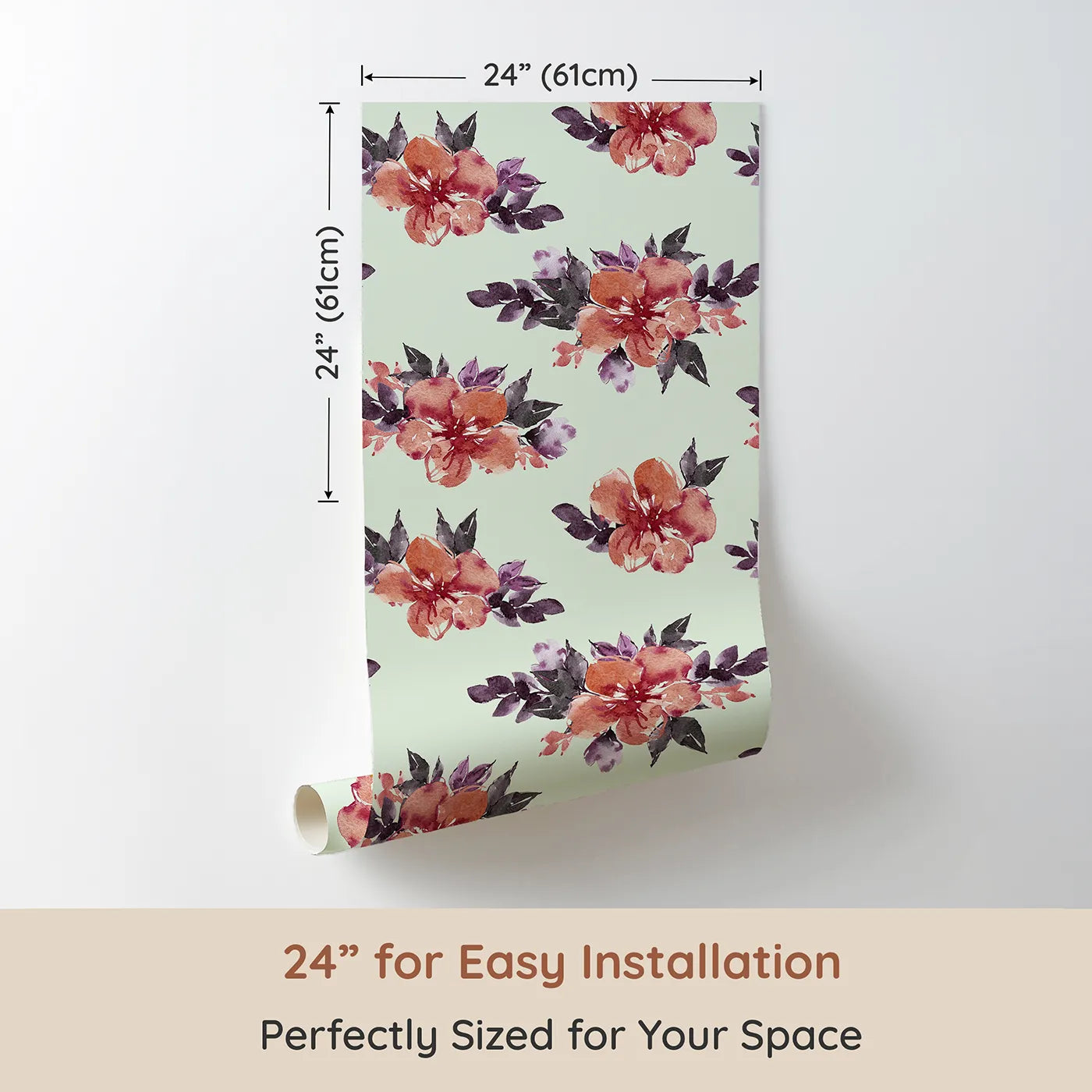 Dimension view of Whimsy Tots Berry Blush Blooms in Mint Green (W3352D). Printed in 24-inch-wide panel for easy installation. Berry blossoms bloom sweetly on soft mint skies.