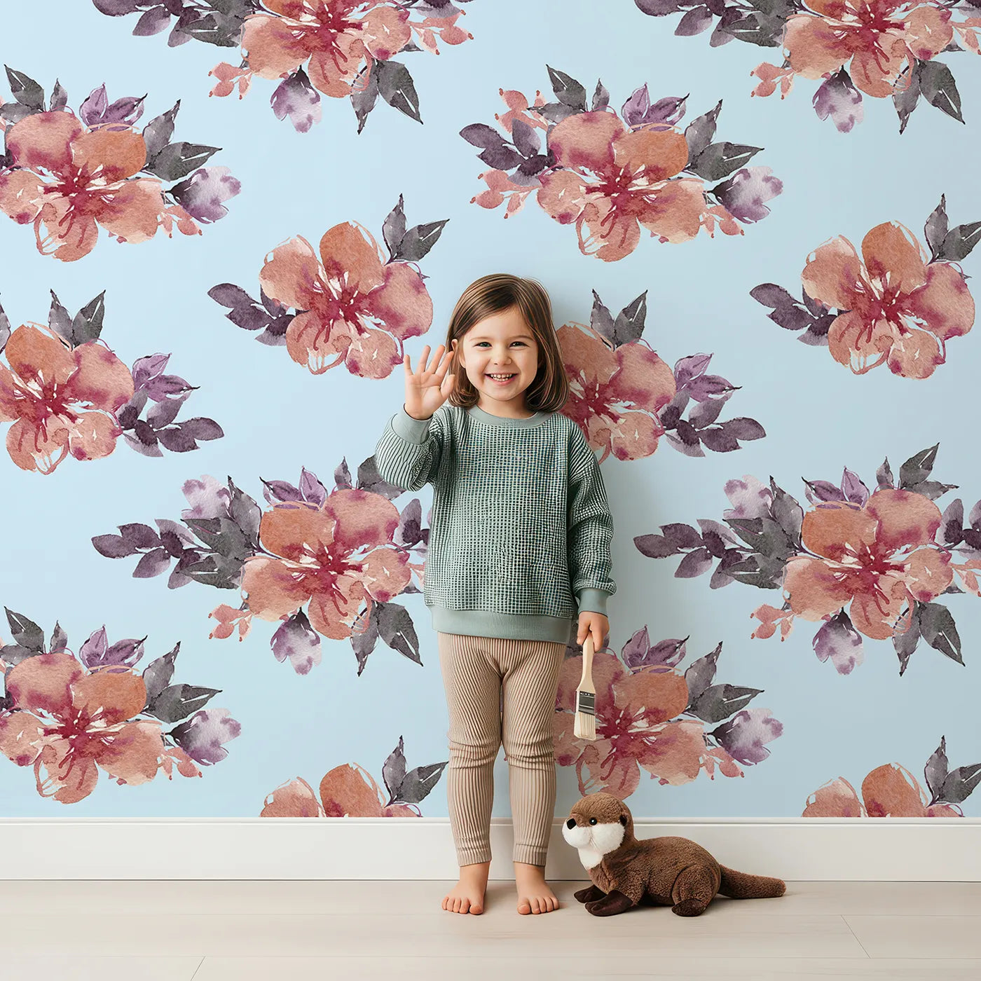 Lovely child standing in front of Whimsy Tots Berry Blush Blooms in Sky with flower, petal, leaf, sprig in design.