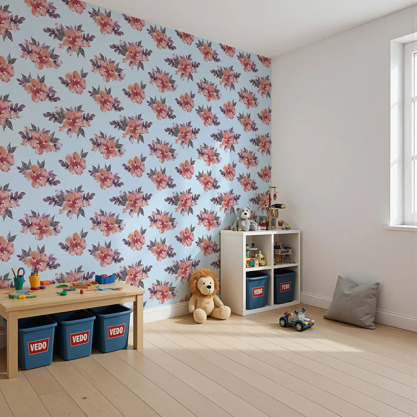 Angled view of Whimsy Tots' Berry Blush Blooms in Sky (W3352E).Watercolor florals float gently across peaceful sky-blue hues.