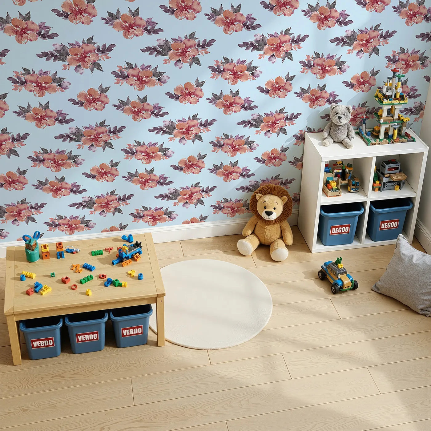 Top-Down view of Whimsy Tots' Berry Blush Blooms in Sky (W3352E).Watercolor florals float gently across peaceful sky-blue hues.