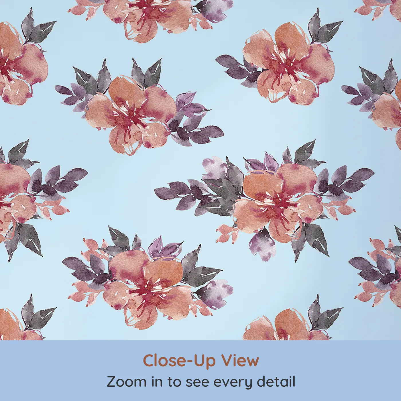Close-up view of Whimsy Tots' Berry Blush Blooms in Sky (W3352E).Watercolor florals float gently across peaceful sky-blue hues.