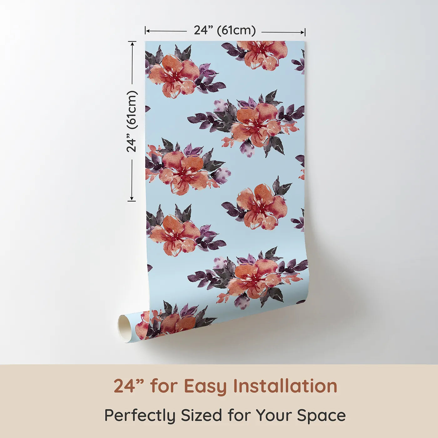 Dimension view of Whimsy Tots Berry Blush Blooms in Sky (W3352E). Printed in 24-inch-wide panel for easy installation. Watercolor florals float gently across peaceful sky-blue hues.