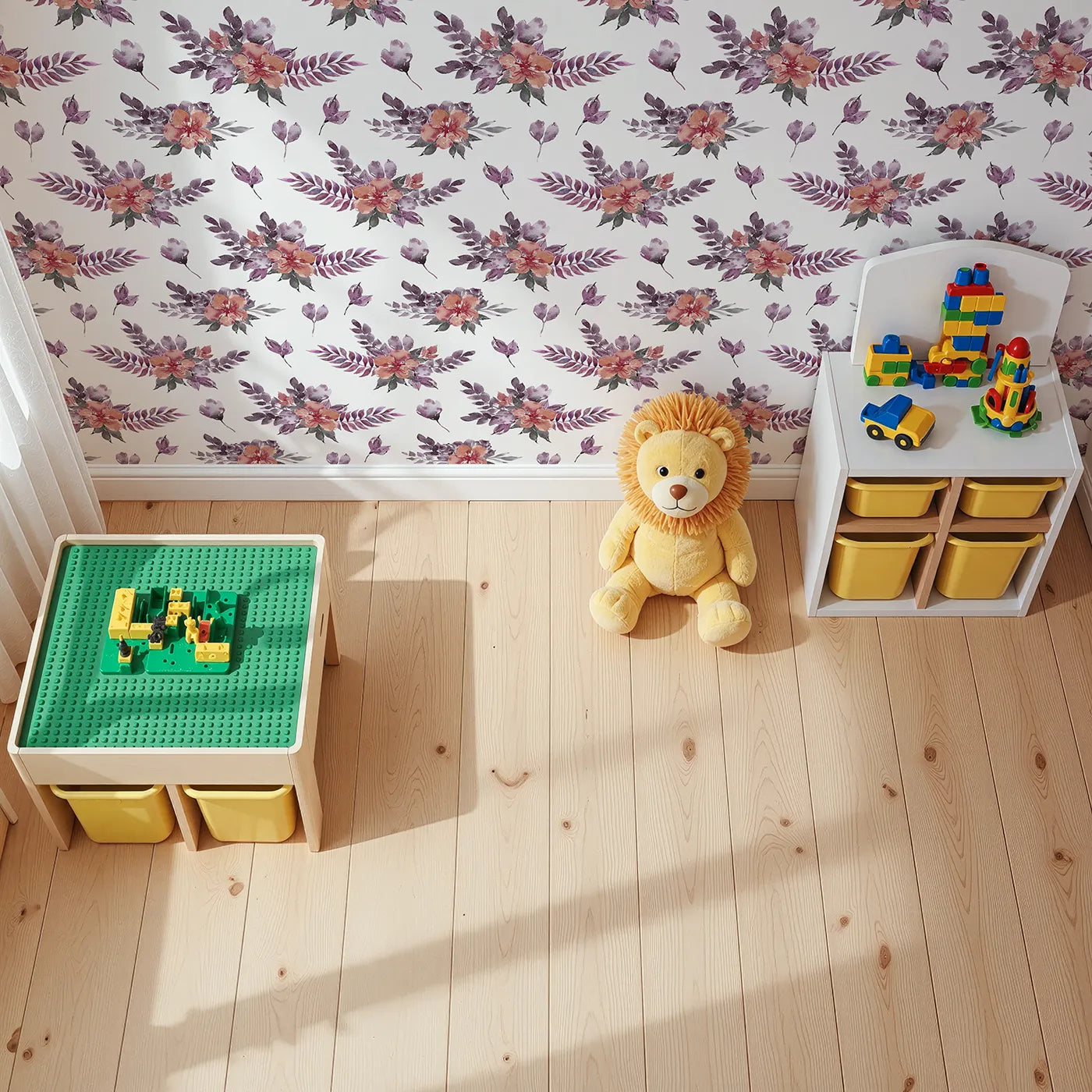 Top-Down view of Whimsy Tots' Berry Meadow Whispers in White (W3353A).Soft florals and scattered leaves drift gently on bright white skies.