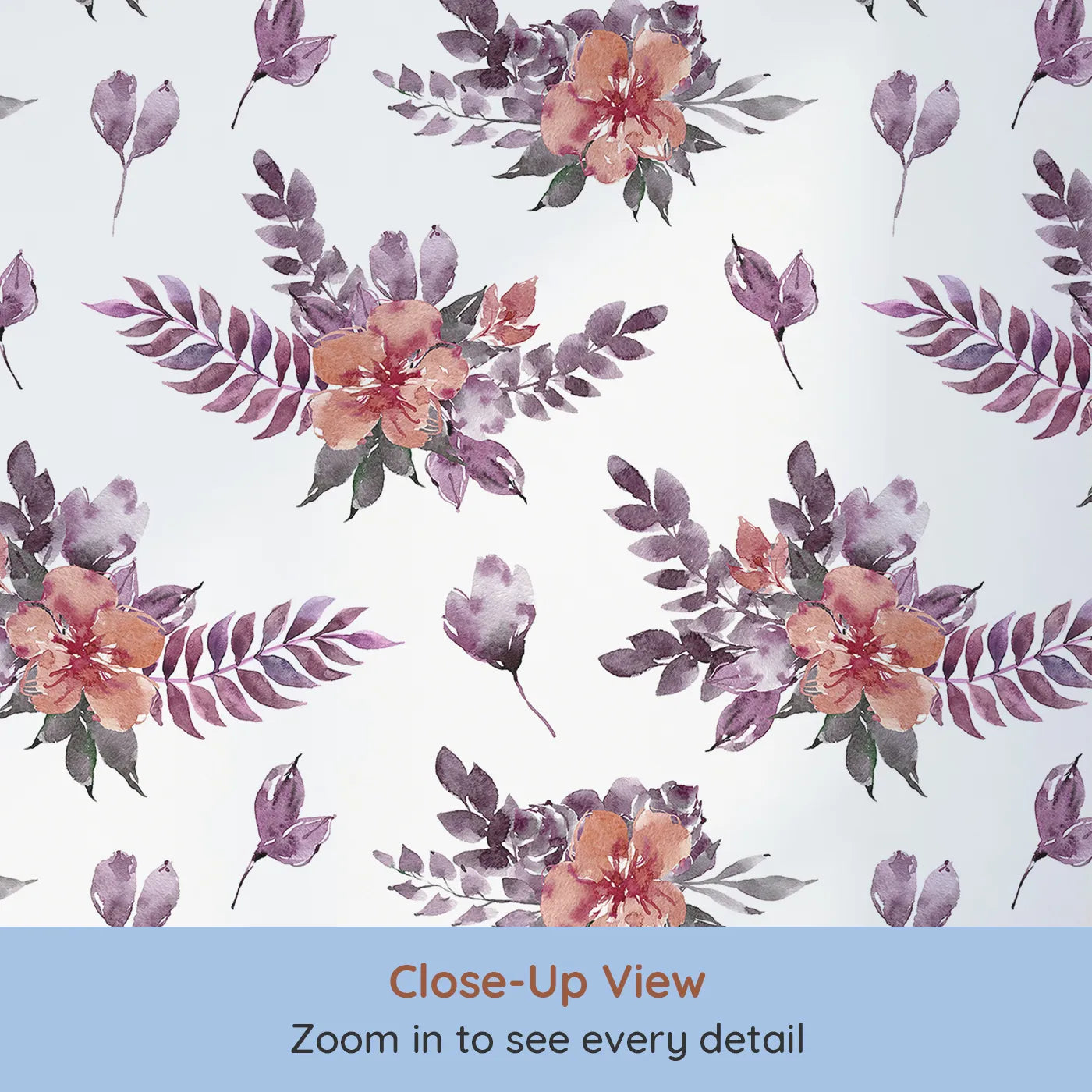 Close-up view of Whimsy Tots' Berry Meadow Whispers in White (W3353A).Soft florals and scattered leaves drift gently on bright white skies.