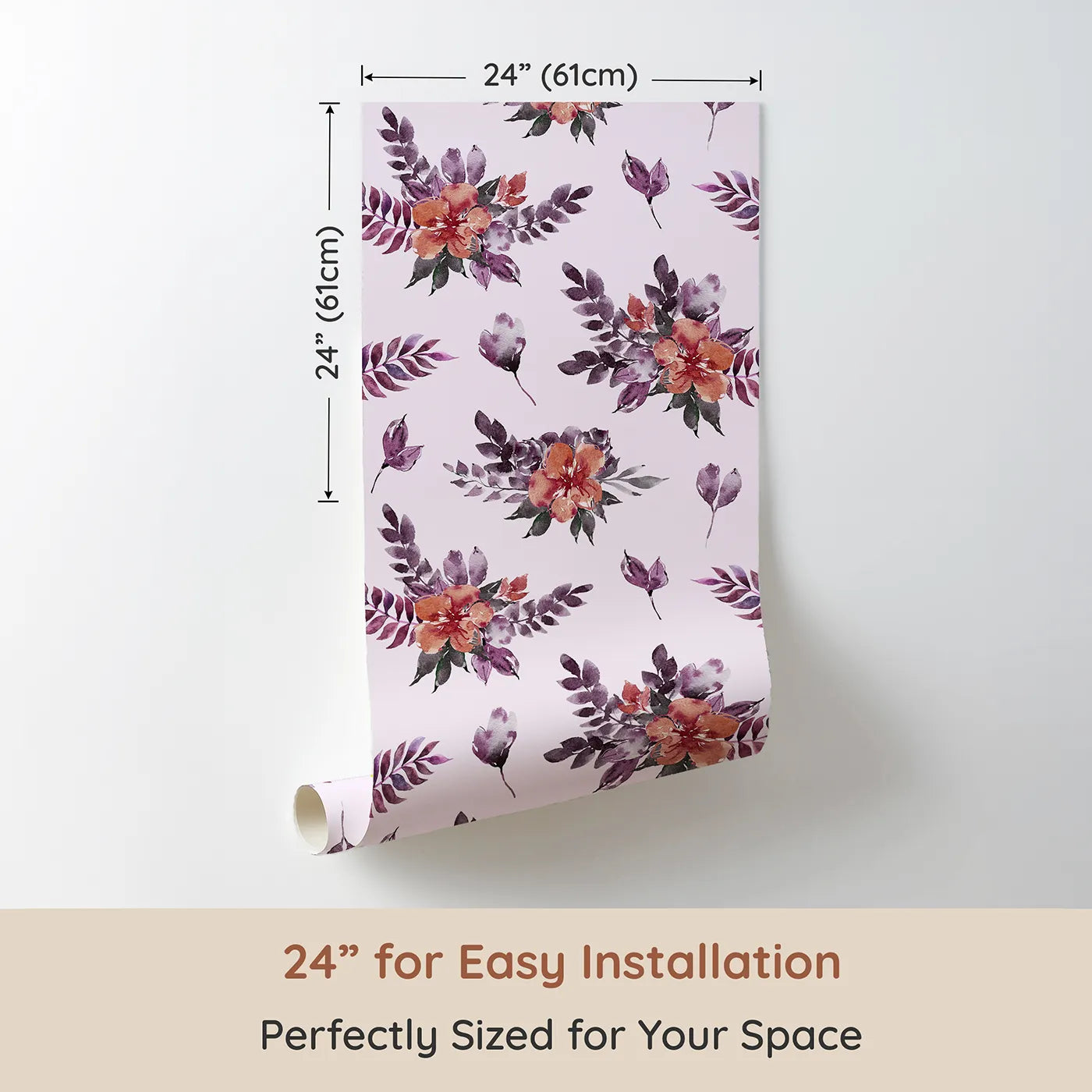 Dimension view of Whimsy Tots Berry Meadow Whispers in Blush Pink (W3353B). Printed in 24-inch-wide panel for easy installation. Floating florals bloom gently on sweet blush skies.