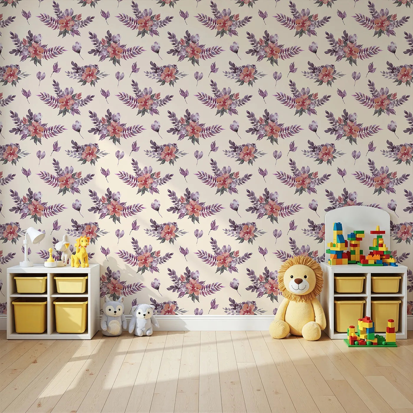 Angled view of Whimsy Tots' Berry Meadow Whispers in Sand (W3353C).Berry-hued blooms float across soft sandy skies.