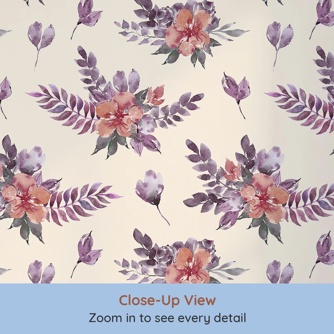 Close-up view of Whimsy Tots' Berry Meadow Whispers in Sand (W3353C).Berry-hued blooms float across soft sandy skies.