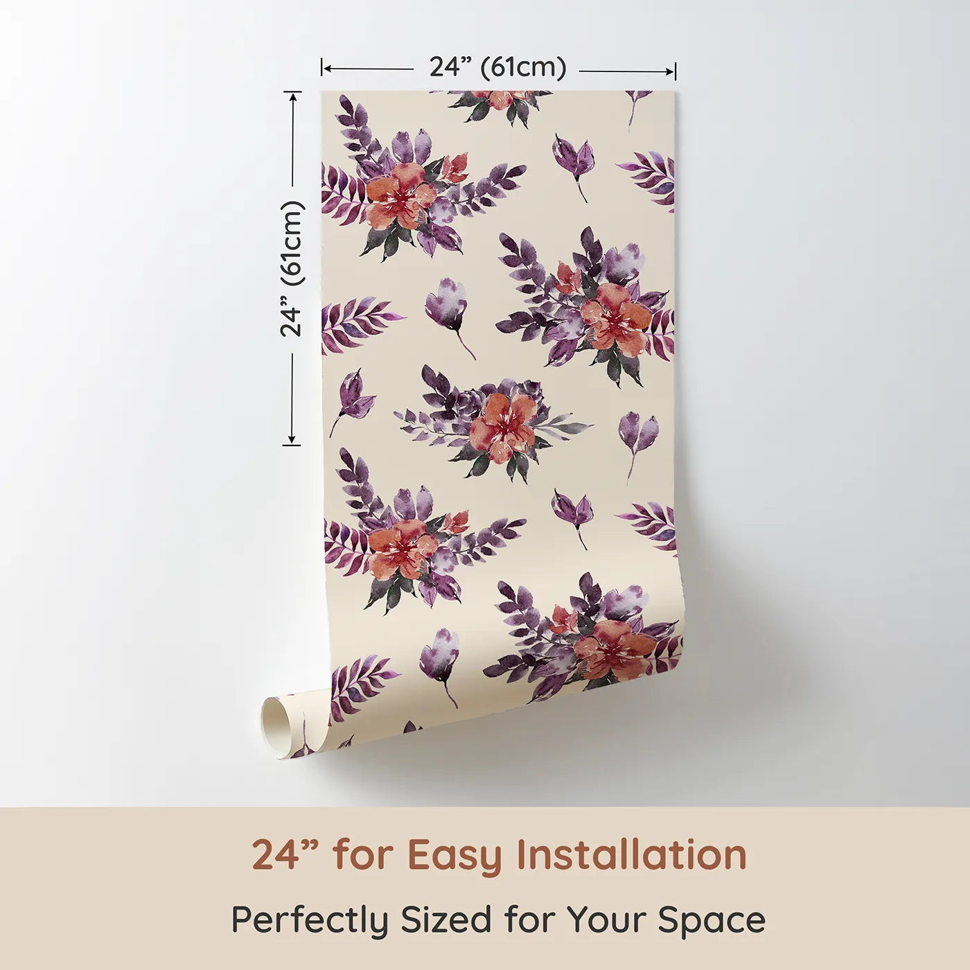 Dimension view of Whimsy Tots Berry Meadow Whispers in Sand (W3353C). Printed in 24-inch-wide panel for easy installation. Berry-hued blooms float across soft sandy skies.