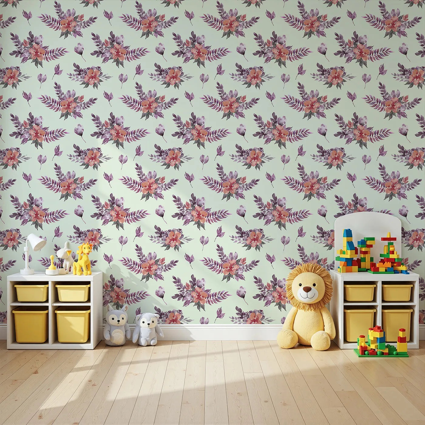 Angled view of Whimsy Tots' Berry Meadow Whispers in Mint Green (W3353D).Scattered florals bloom gently across soft mint skies.