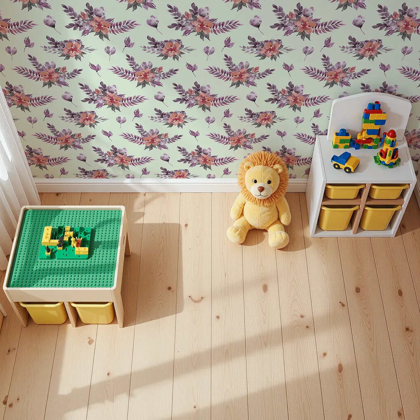 Top-Down view of Whimsy Tots' Berry Meadow Whispers in Mint Green (W3353D).Scattered florals bloom gently across soft mint skies.