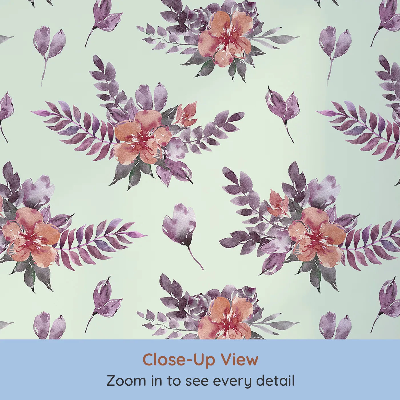 Close-up view of Whimsy Tots' Berry Meadow Whispers in Mint Green (W3353D).Scattered florals bloom gently across soft mint skies.