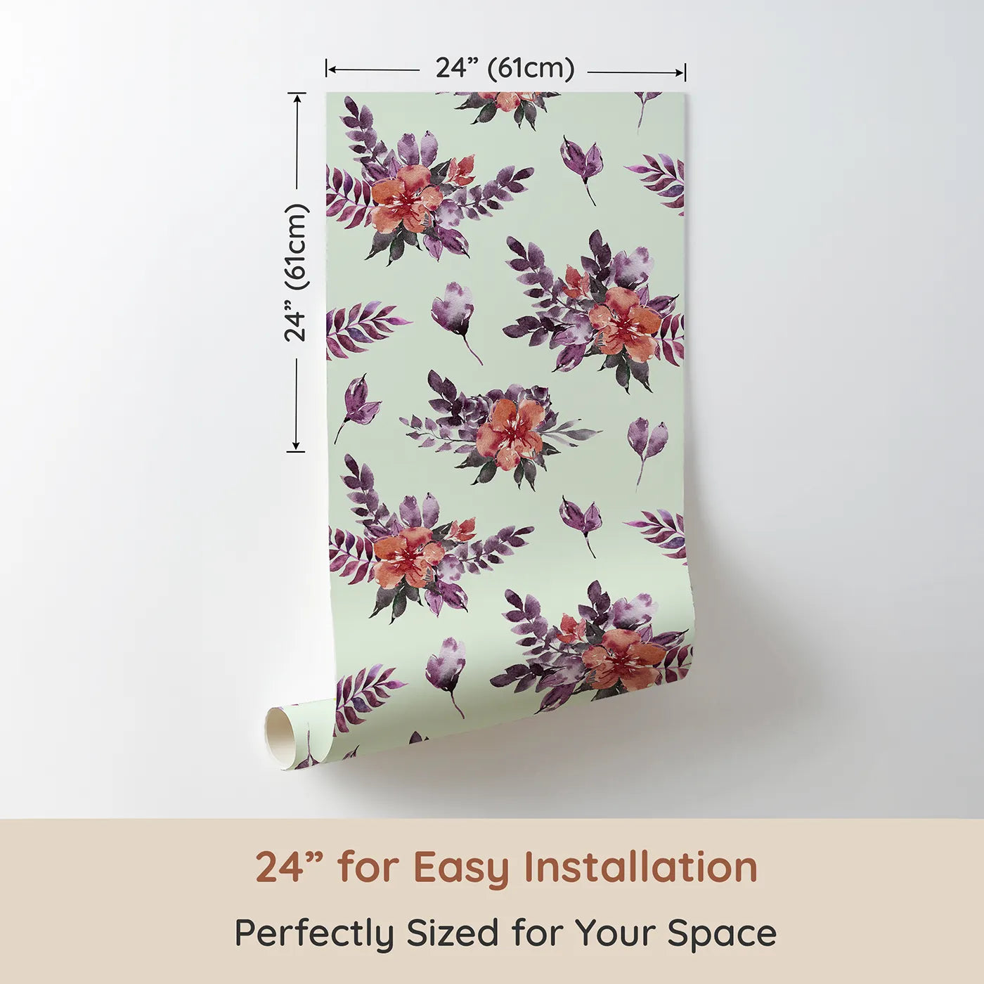 Dimension view of Whimsy Tots Berry Meadow Whispers in Mint Green (W3353D). Printed in 24-inch-wide panel for easy installation. Scattered florals bloom gently across soft mint skies.