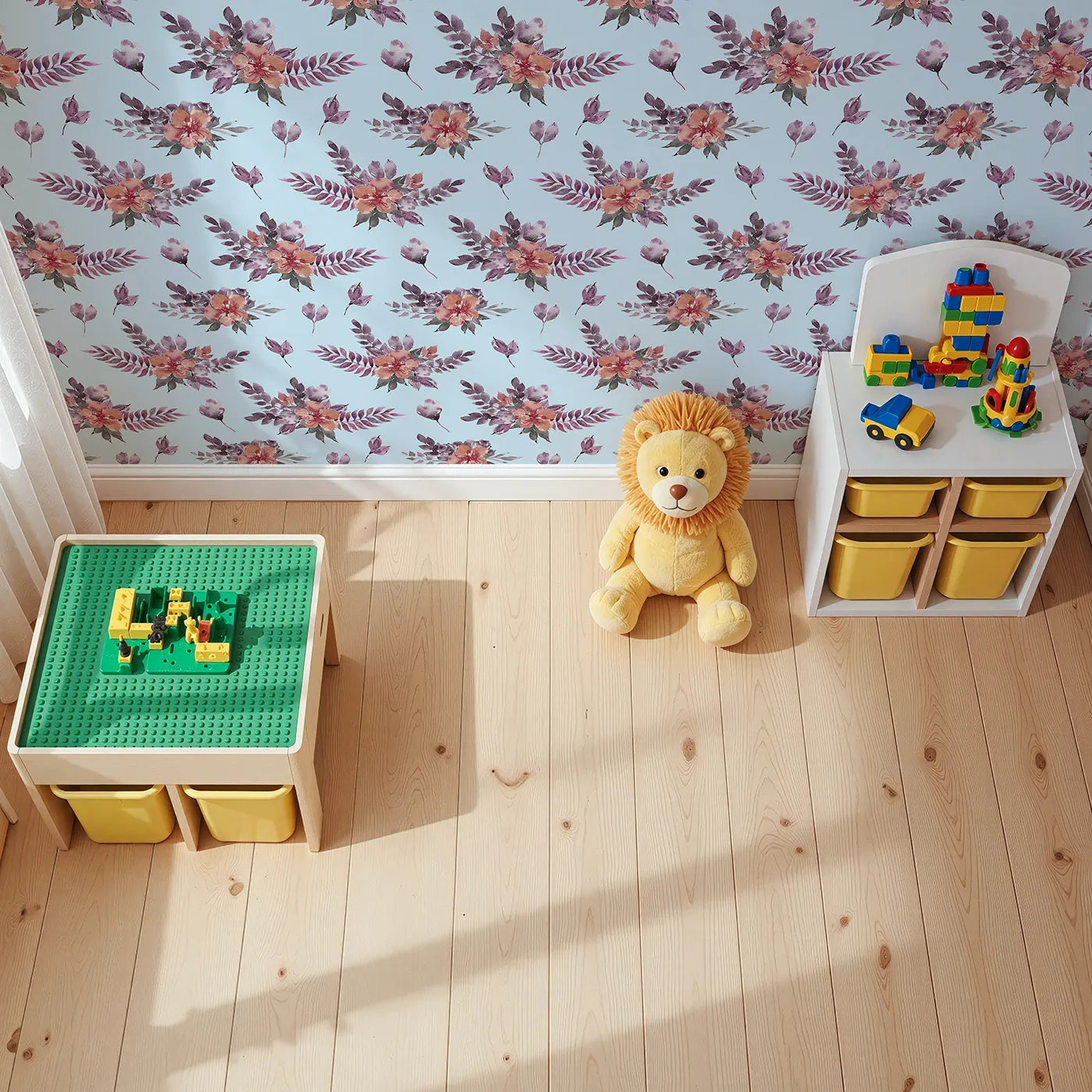 Top-Down view of Whimsy Tots' Berry Meadow Whispers in Sky (W3353E).Watercolor florals scatter softly across peaceful sky-blue tones.