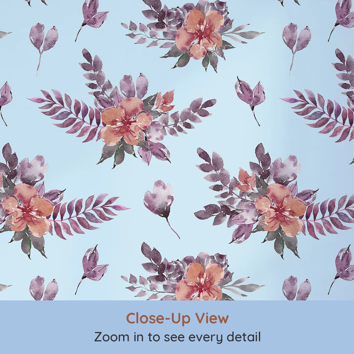 Close-up view of Whimsy Tots' Berry Meadow Whispers in Sky (W3353E).Watercolor florals scatter softly across peaceful sky-blue tones.