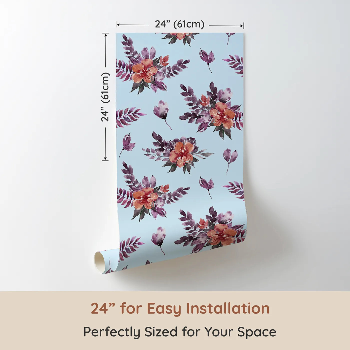 Dimension view of Whimsy Tots Berry Meadow Whispers in Sky (W3353E). Printed in 24-inch-wide panel for easy installation. Watercolor florals scatter softly across peaceful sky-blue tones.