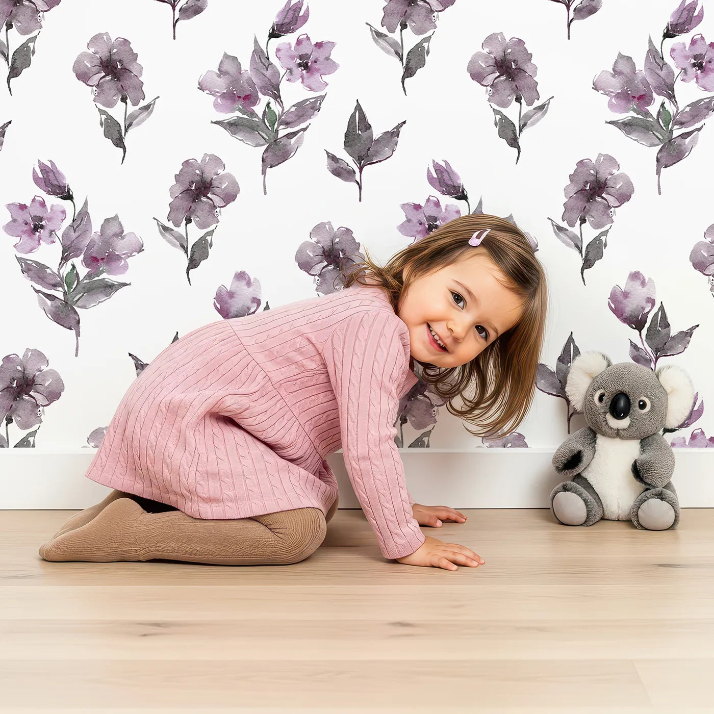 Lovely child standing in front of Whimsy Tots Lilac Sprig Dance in White with flower, petal, leaf, sprig in design.
